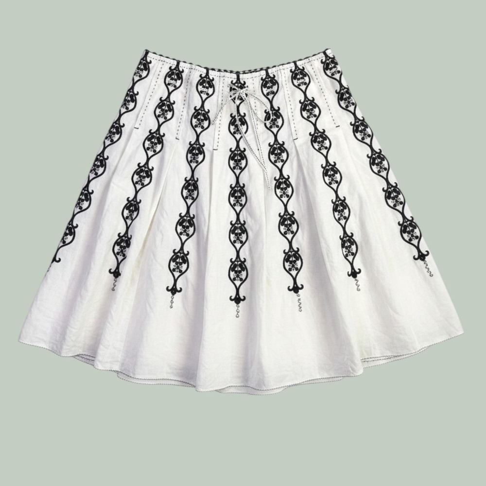 Vintage Skirt 12P White Black 100% Linen Embroidery Pleated‎ A-Line Feminine